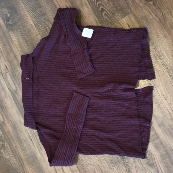 Free People Burgundy Cowl Neck Open Back Waffle Knit Long Sleeve Top I - Picture 1 of 8
